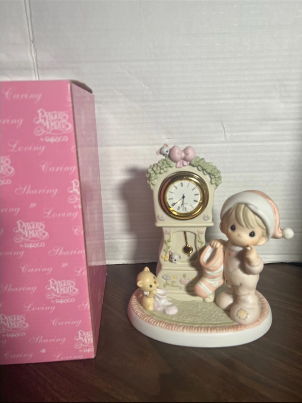 Precious Moments Pink and Cream Child with Clock Figurine
